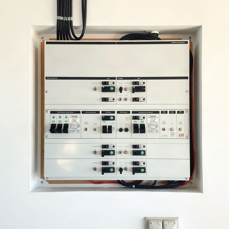 Tablero eléctrico residencial recién instalado con disyuntores rotulados en filas ordenadas